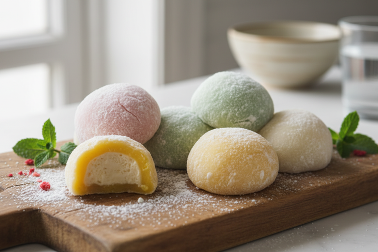 Homemade mochi ice cream balls in pastel colors on a wooden board