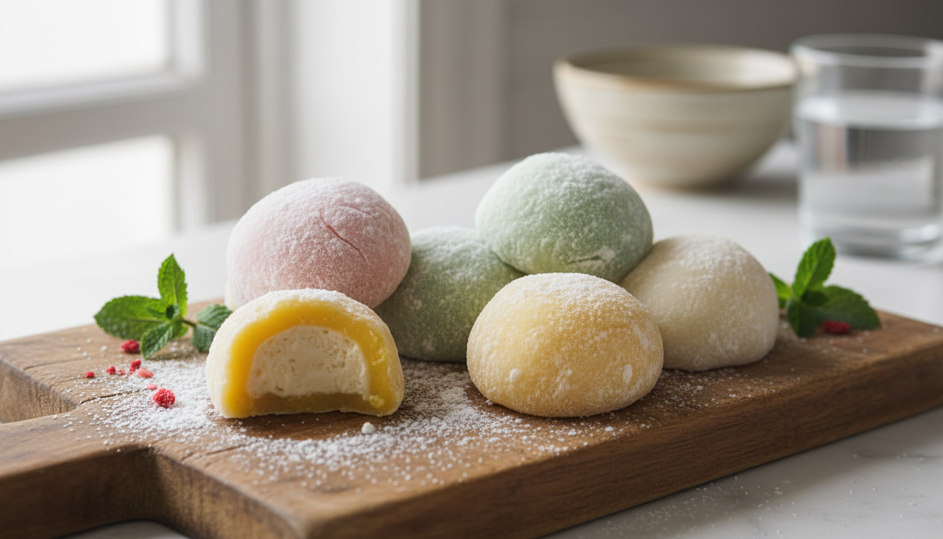 Homemade mochi ice cream balls in pastel colors on a wooden board