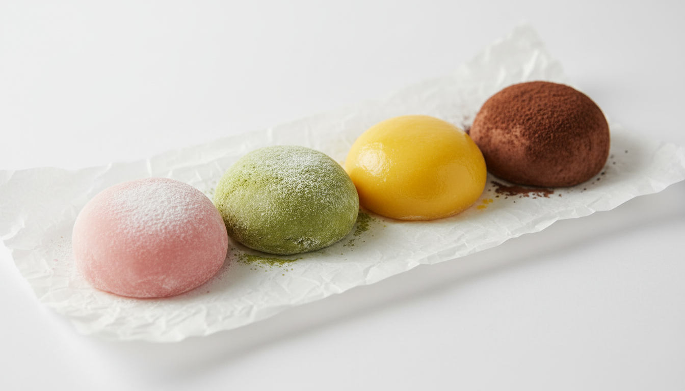 Colorful mochi ice cream balls on parchment paper