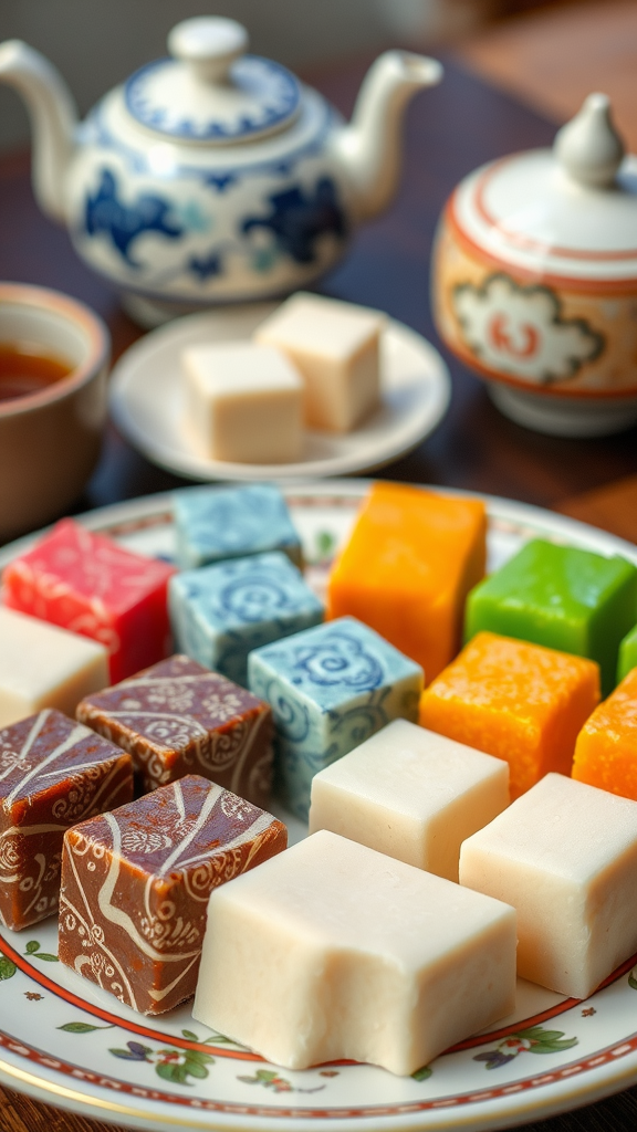 A plate of colorful mochi rice cakes with a traditional tea set in the background.
