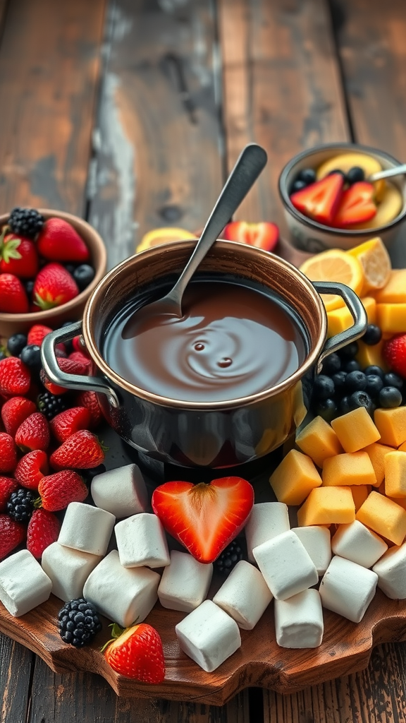 A delightful display of molten chocolate fondue surrounded by fresh fruits and marshmallows, perfect for Valentine's Day.