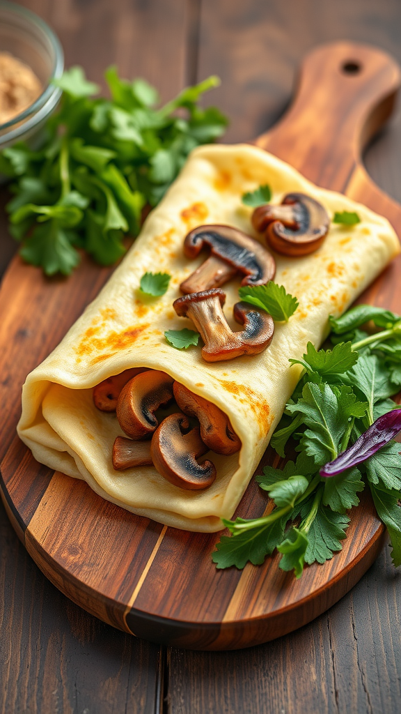 Savory mushroom and Gruyere crepes filled with mushrooms and garnished with parsley.