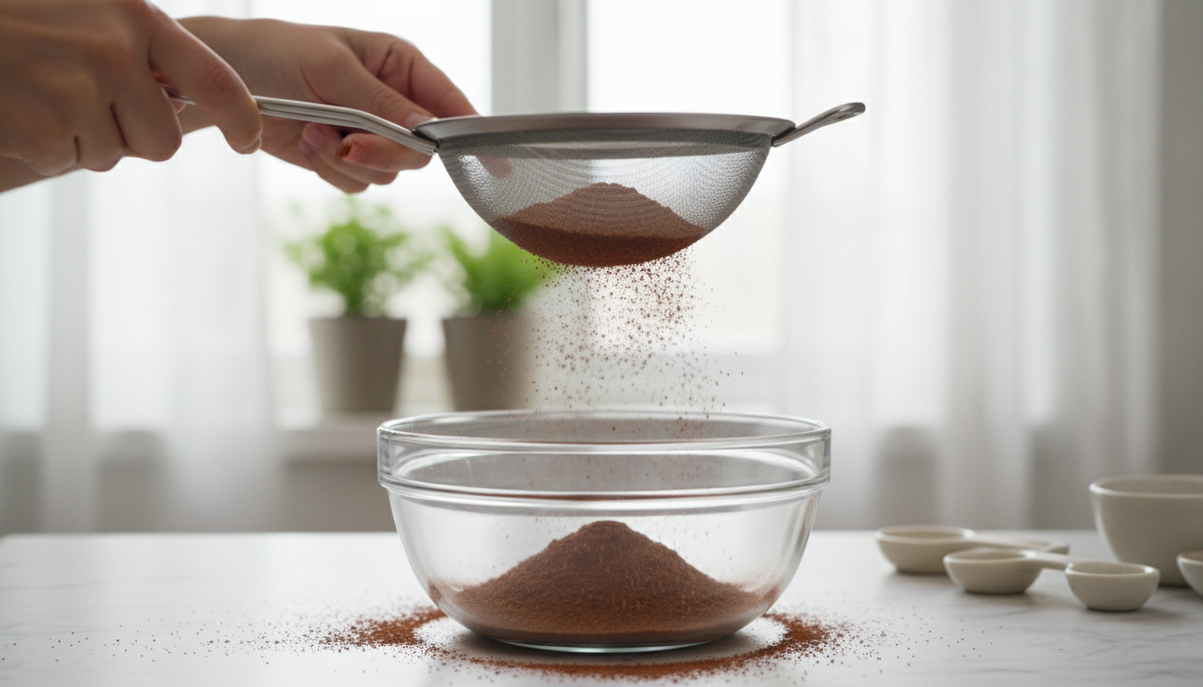 Natural cocoa powder being sifted through a fine mesh strainer into a glass bowl