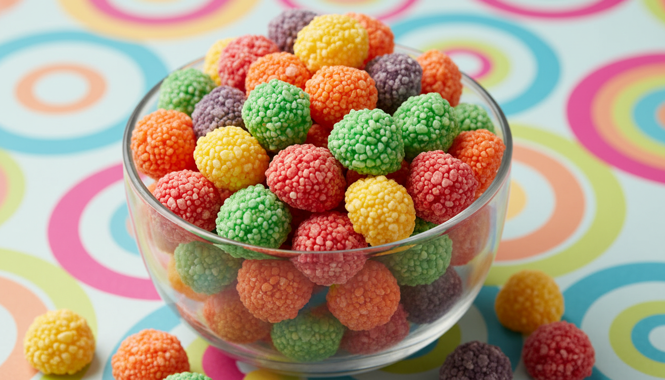 Close-up of Nerds Gummy Clusters in a glass bowl showing the colorful gummy pieces coated in crunchy Nerds candy