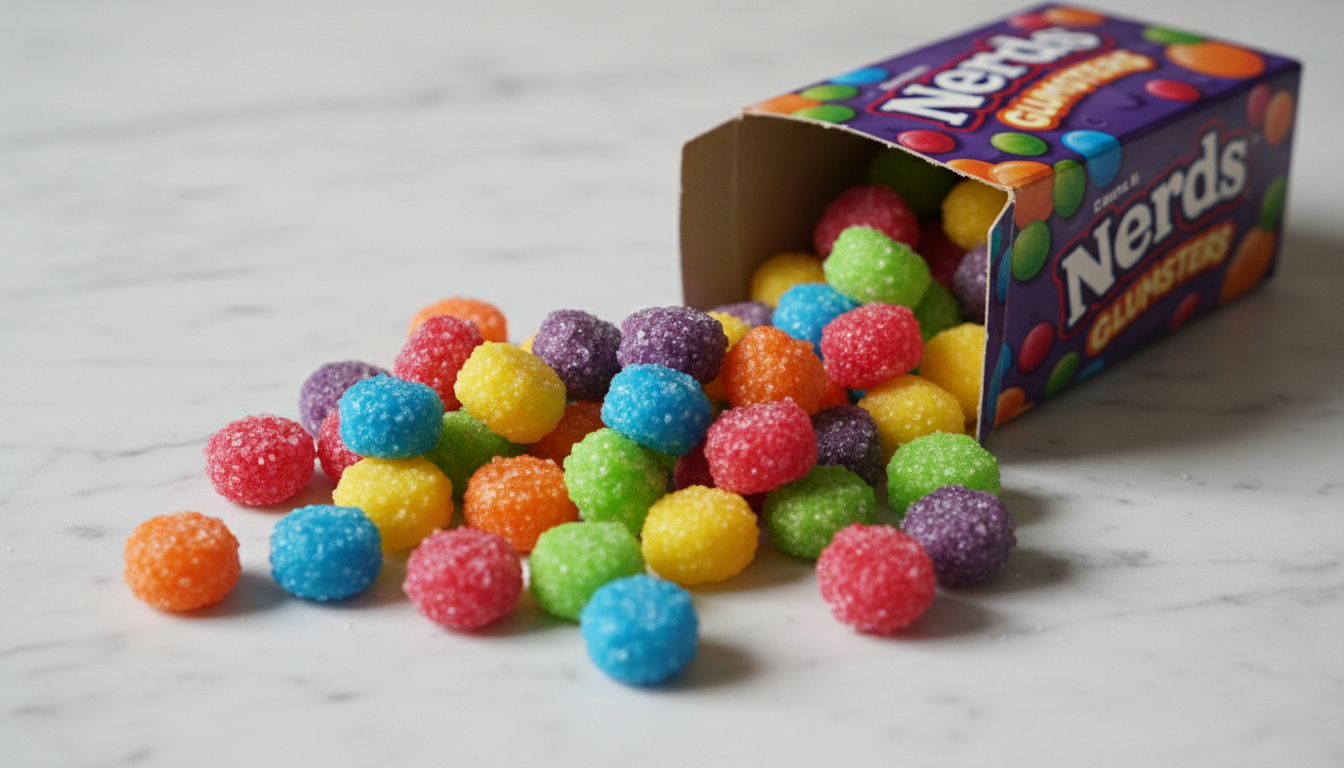 Colorful Nerds Gummy Clusters candy spilling from a box onto a white marble surface