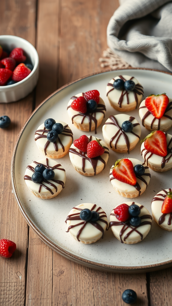Plate of no-bake cheesecake bites topped with strawberries, blueberries, and chocolate drizzle