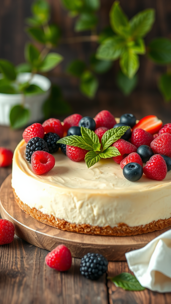 A no-bake cheesecake topped with mixed berries on a wooden table.