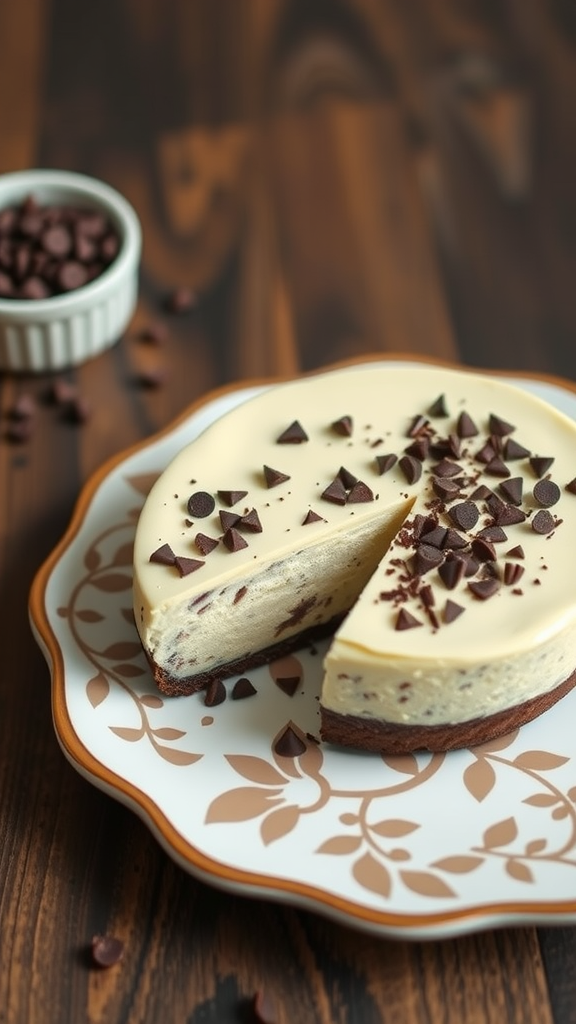 No-Bake Chocolate Chip Cheesecake with chocolate chips on top