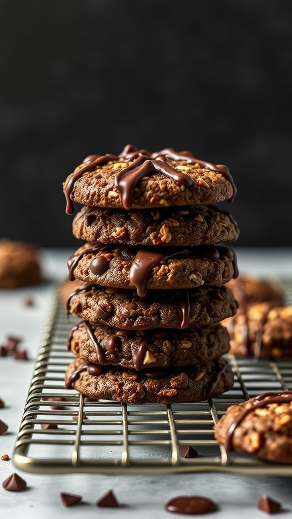 Stack of no-bake chocolate oatmeal cookies on a cooling rack, drizzled with chocolate.
