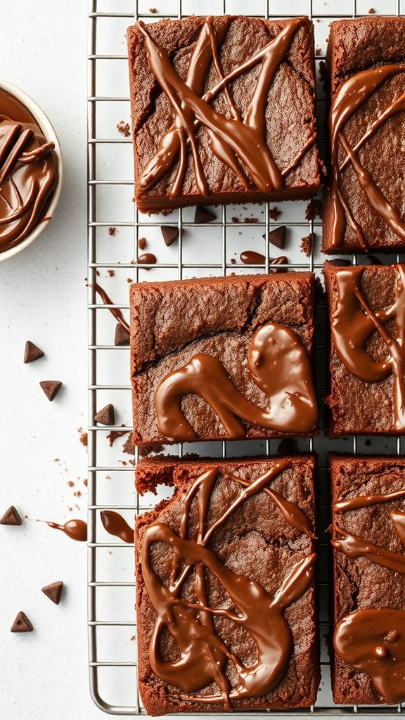 Nutella brownies with chocolate drizzle on a cooling rack
