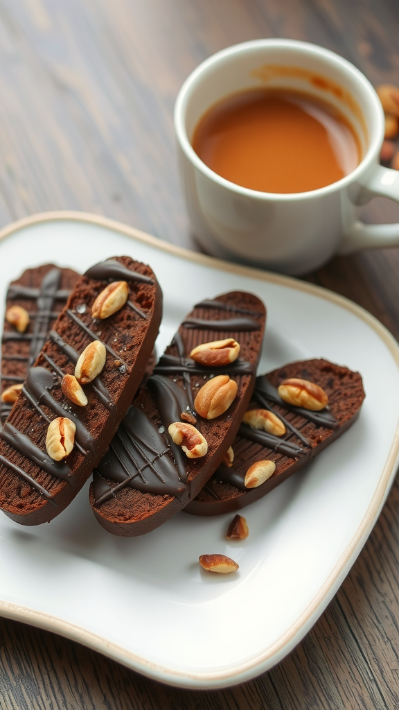 A plate of nutty chocolate biscotti with a cup of coffee