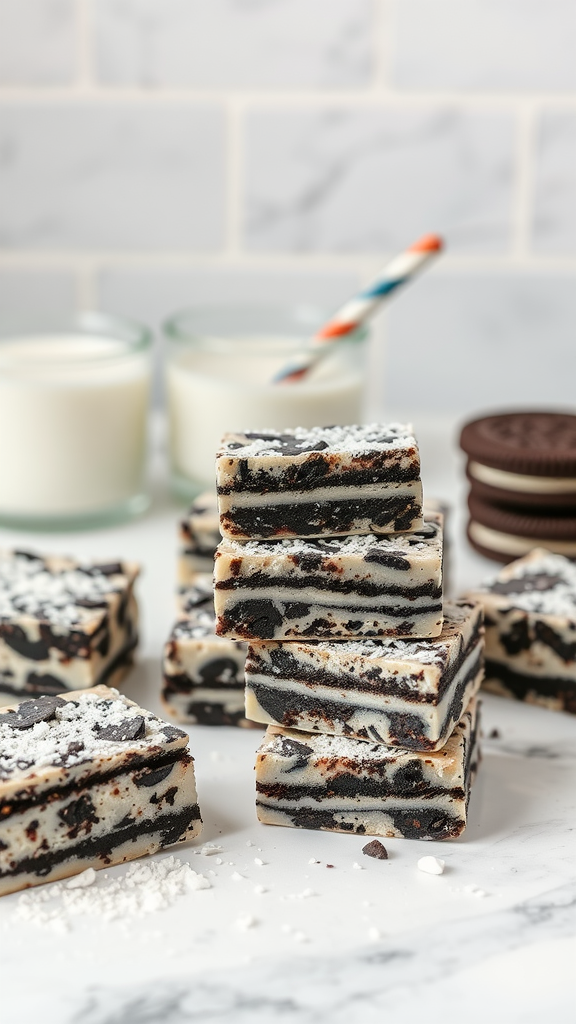 Delicious Oreo and coconut protein energy bars stacked on a marble surface.