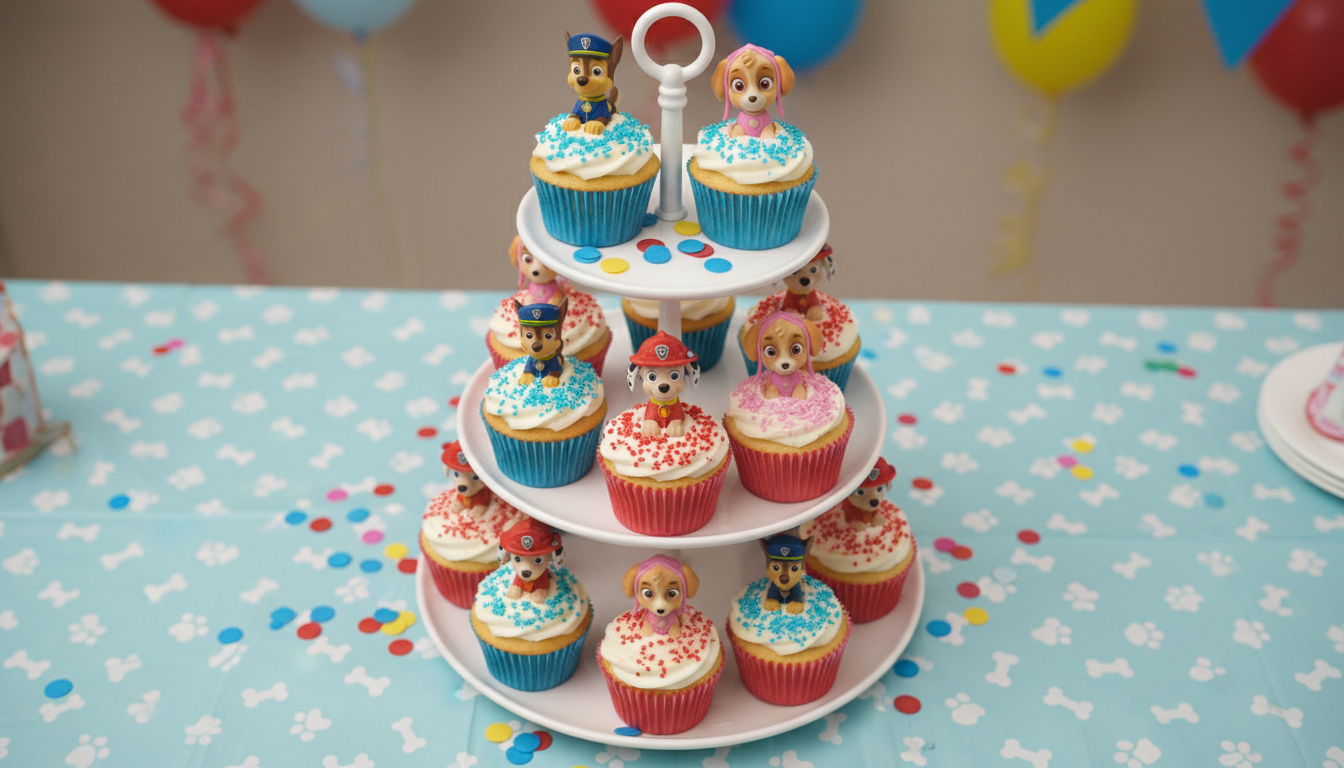 Overhead of Paw Patrol cupcakes with individual character to