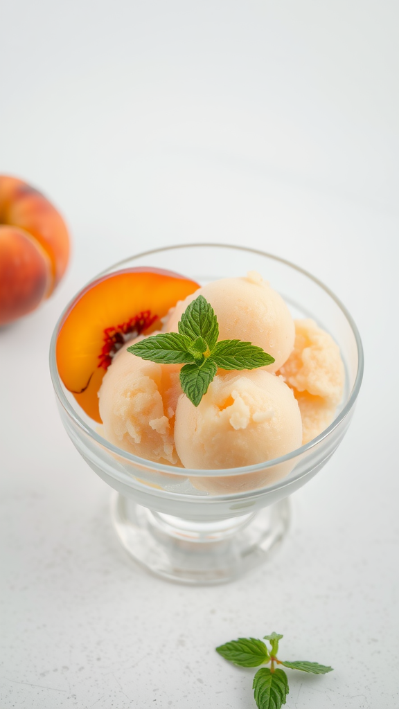 A bowl of peach sorbet garnished with a mint leaf and a slice of peach.