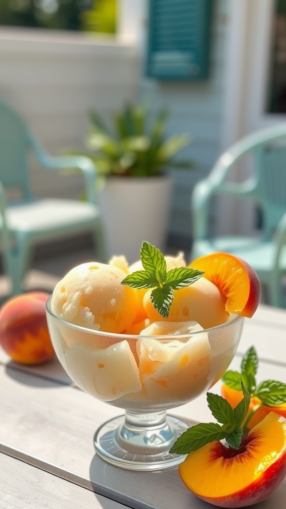 A bowl of peach sorbet garnished with mint leaves, with fresh peaches in the background.