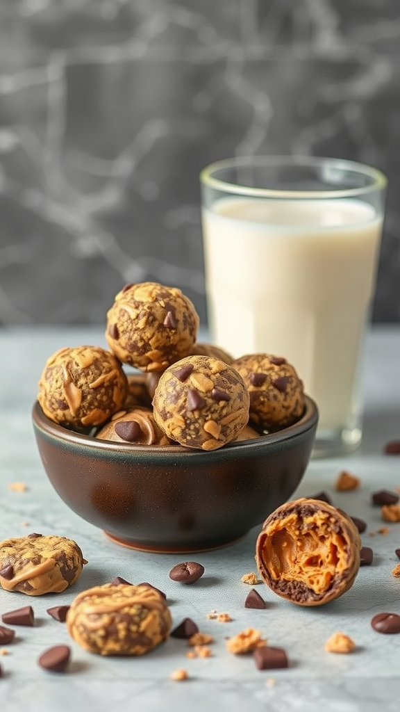 A bowl of peanut butter and chocolate energy bites with a glass of milk