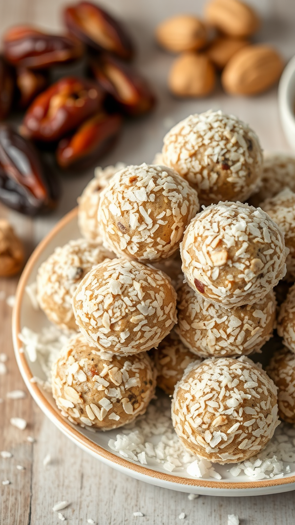 A plate of peanut butter and date energy balls, surrounded by nuts and dates.