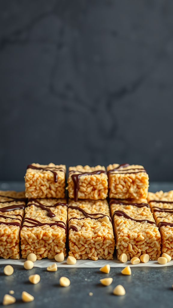 Peanut Butter Rice Krispie Treats drizzled with chocolate.