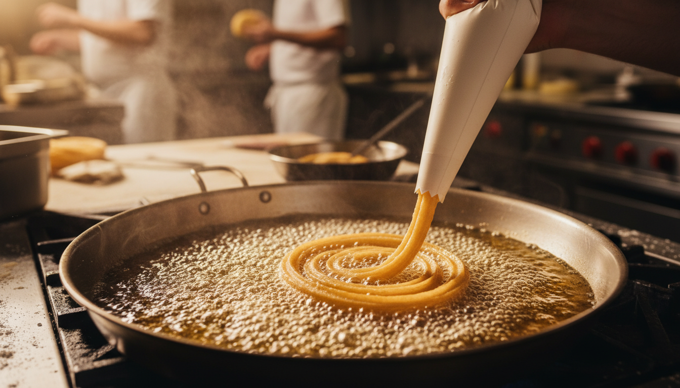Churro dough being piped from a star-tipped piping bag into sizzling hot oil to make Brazilian churros