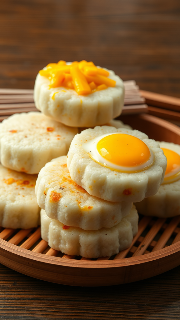 Puto rice cakes topped with cheese and salted egg on a bamboo steamer.