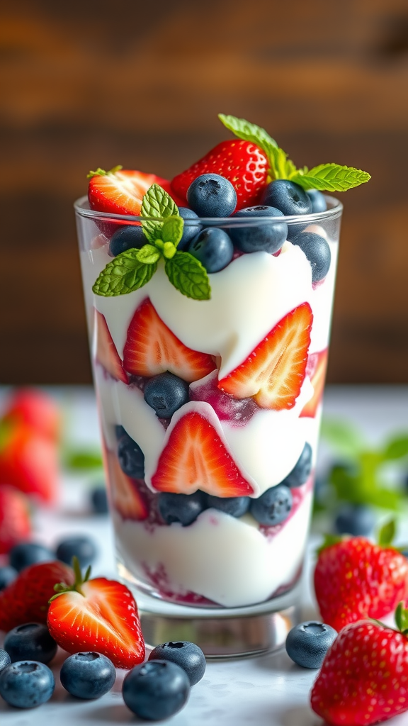 A delicious berry parfait with layers of yogurt, strawberries, and blueberries garnished with mint.