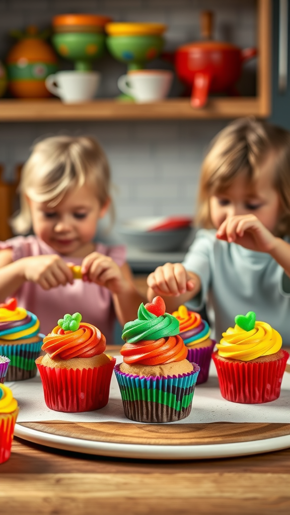 Colorful cupcakes decorated with vibrant frosting and candies