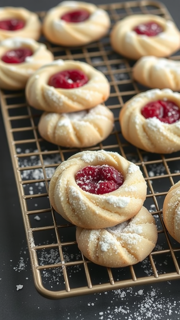 A tray of raspberry almond thumbprint cookies with powdered sugar