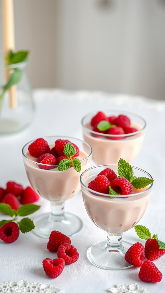 Three elegant glasses of raspberry mousse topped with fresh raspberries and mint leaves.