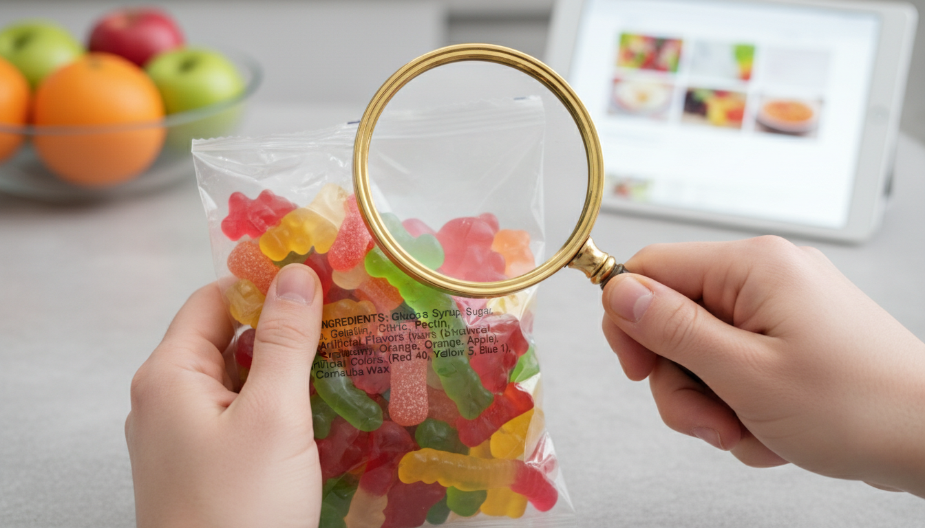 Reading candy ingredient label to check for vegan ingredients
