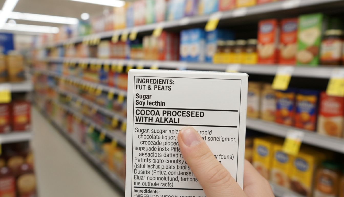 Reading cocoa powder label ingredients list for dairy-free check