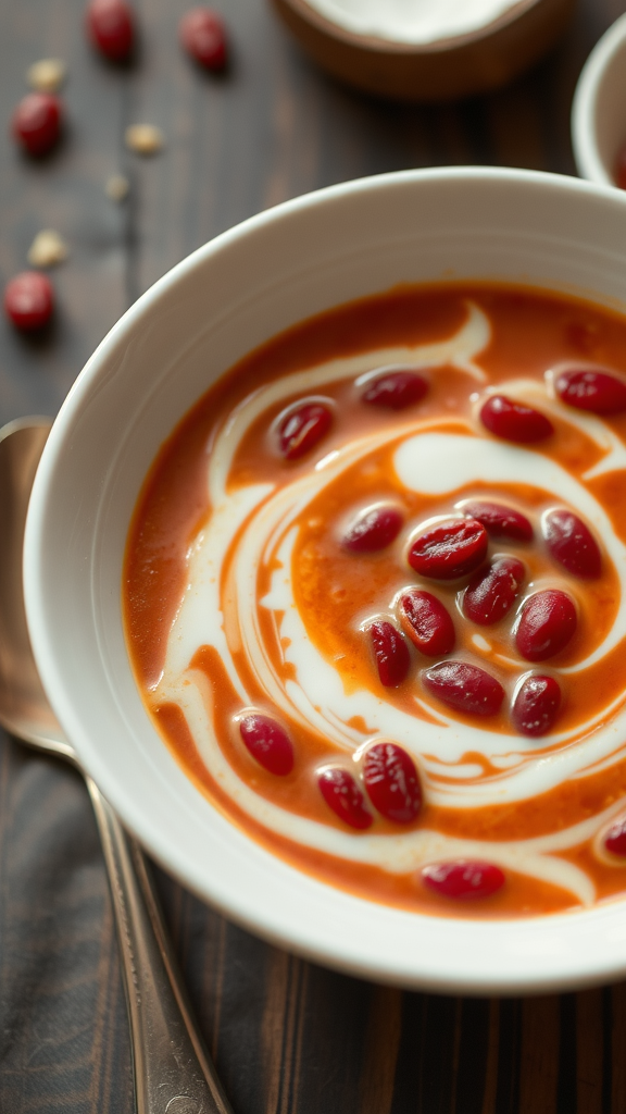 A bowl of creamy red bean soup topped with coconut milk and red beans.