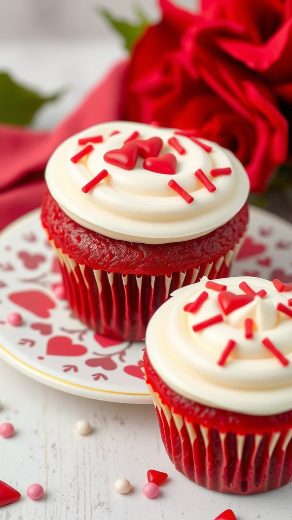 Delicious red velvet cupcakes with cream cheese frosting and heart-shaped sprinkles