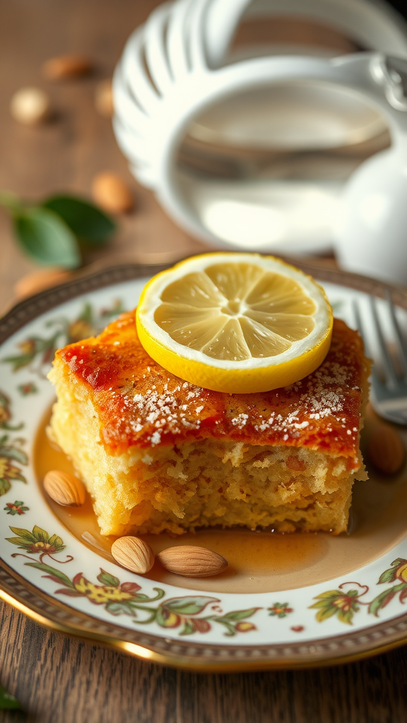 A piece of Revani, a semolina cake topped with a lemon slice.