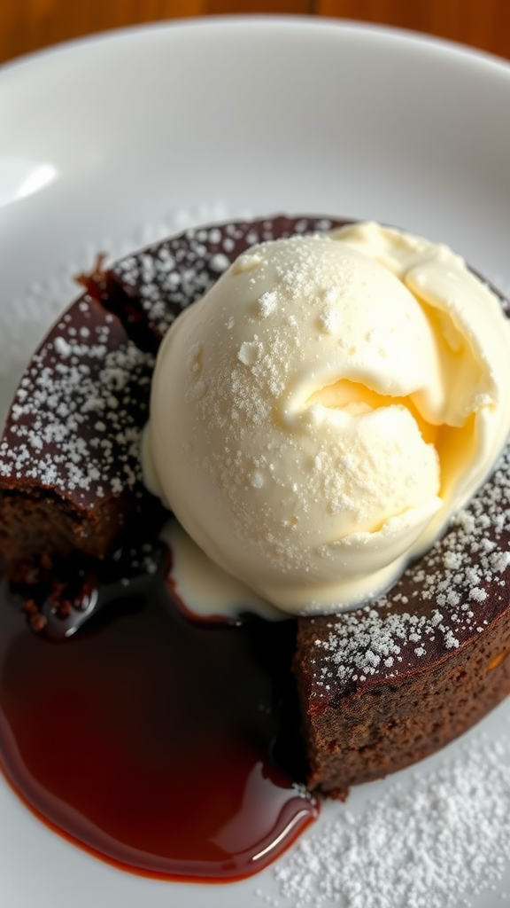 A rich chocolate lava cake topped with a scoop of vanilla ice cream and dusted with powdered sugar, served on a white plate with a chocolate sauce.