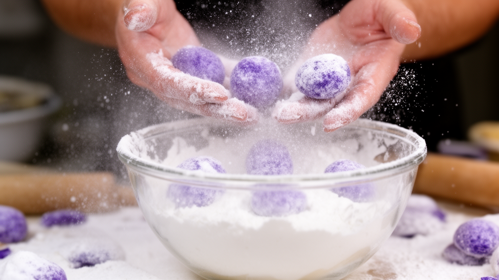 Action shot of purple dough balls being rolled in powdered sugar, snow-dust effect