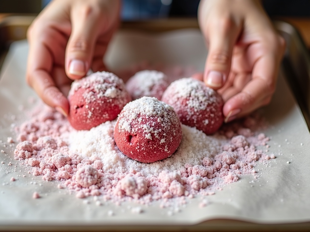 Red cookie dough balls being rolled in sugar