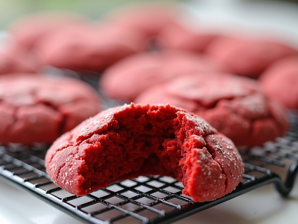 Red velvet sugar cookies on cooling rack with bite showing interior