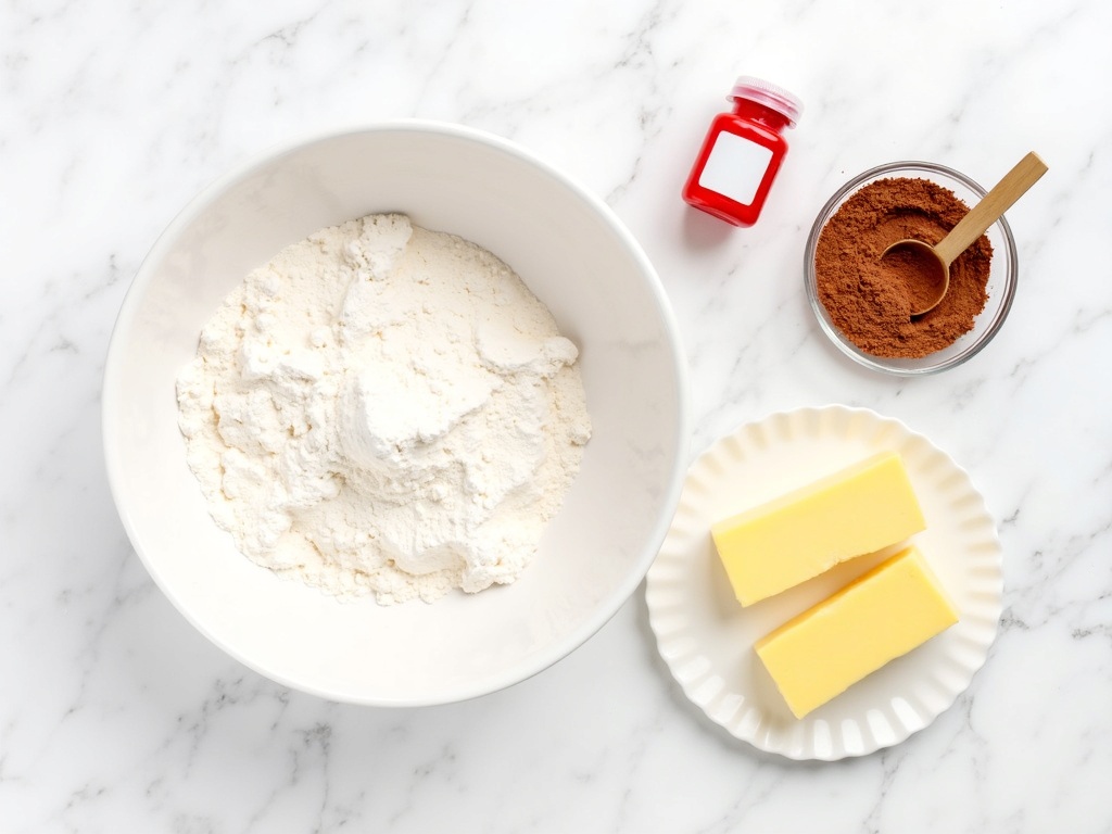 Flat lay of red velvet cookie ingredients on white marble