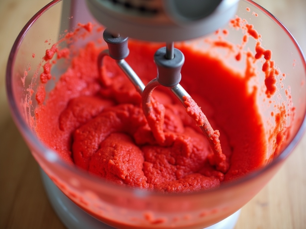 Mixing red velvet cookie dough in glass bowl