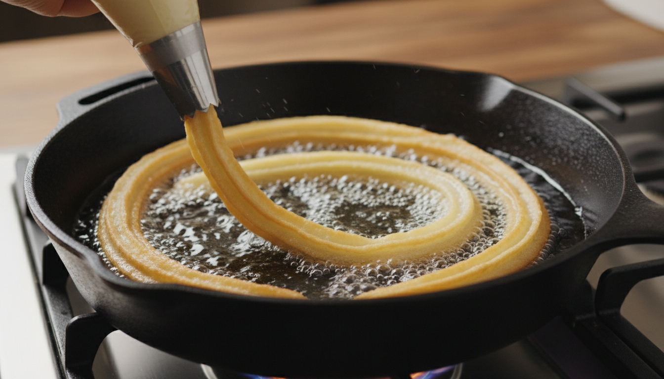 Golden crispy churro dough being piped through star tip into