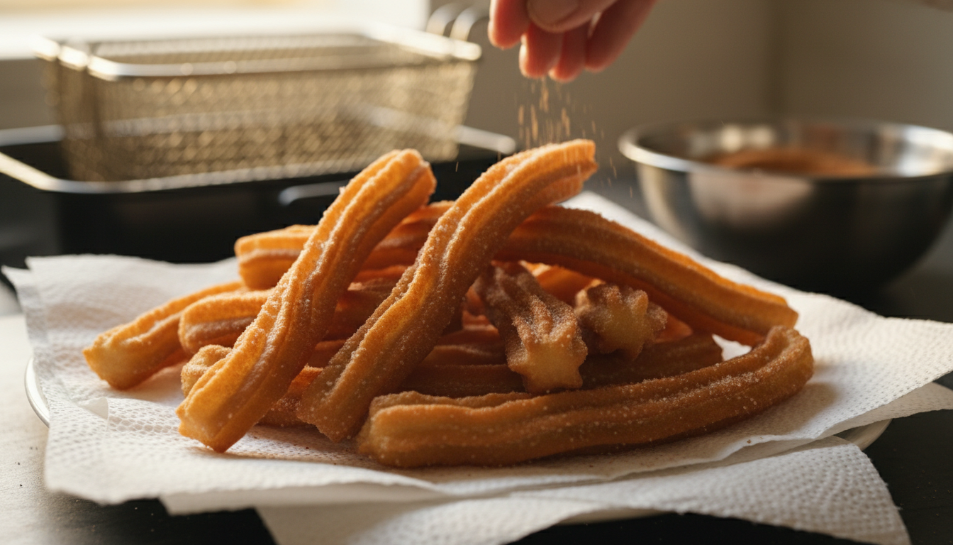 Freshly fried golden churros draining on paper towels, crisp