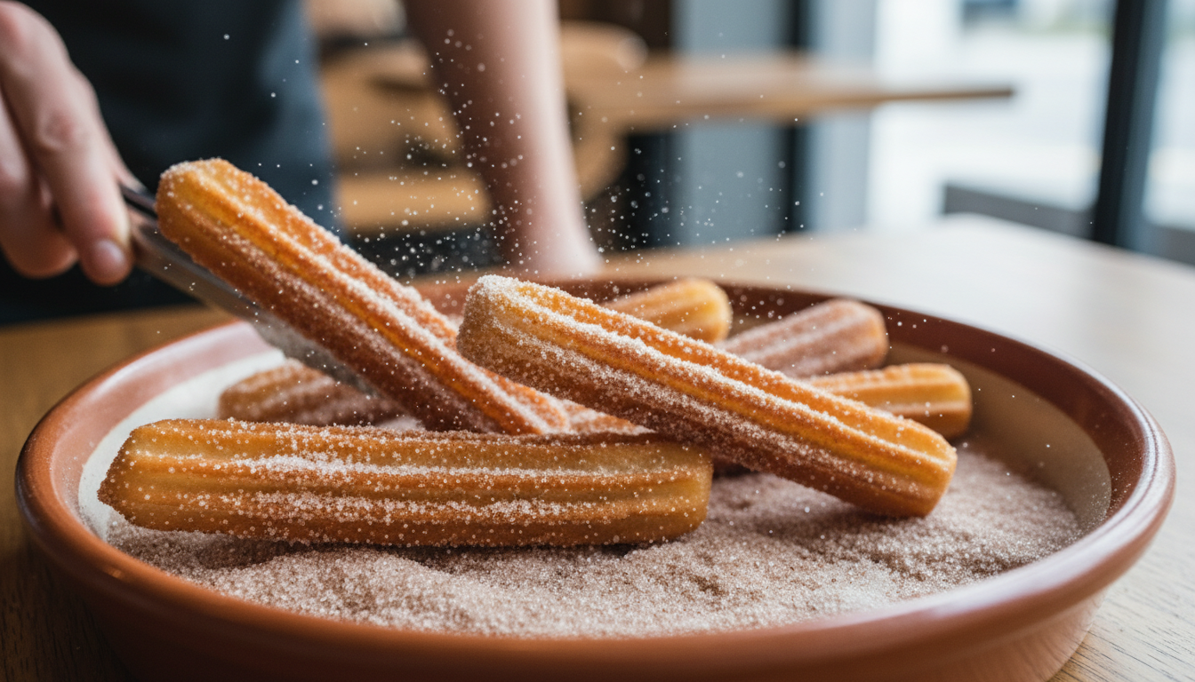 Churros being rolled in cinnamon sugar mixture in a shallow 