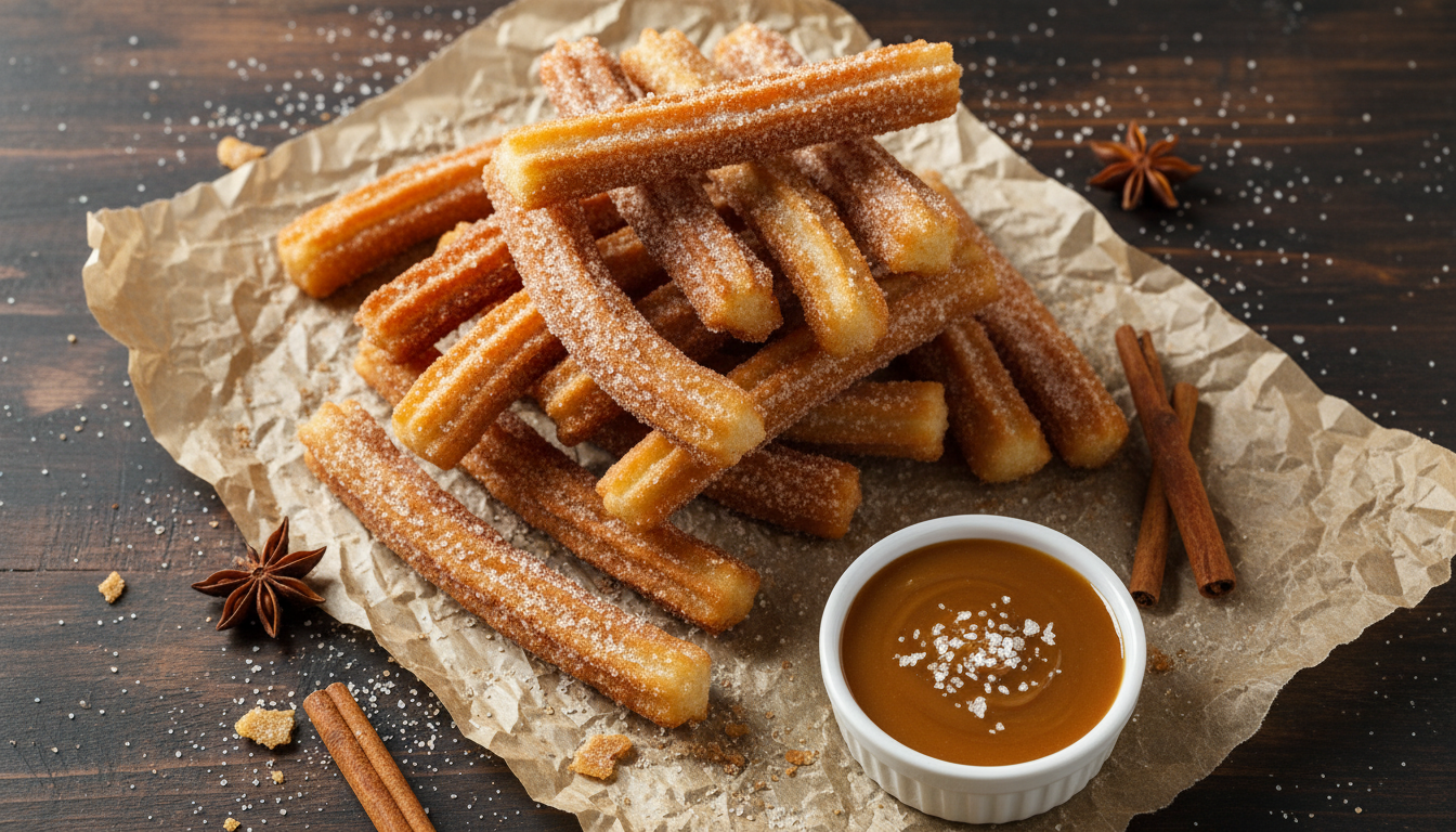 Churros stacked on parchment paper with small ramekin of thi