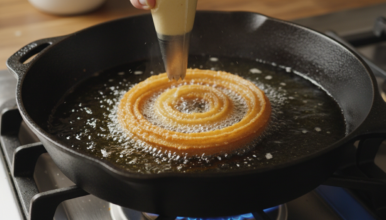 Golden crispy churro dough being piped through star tip into