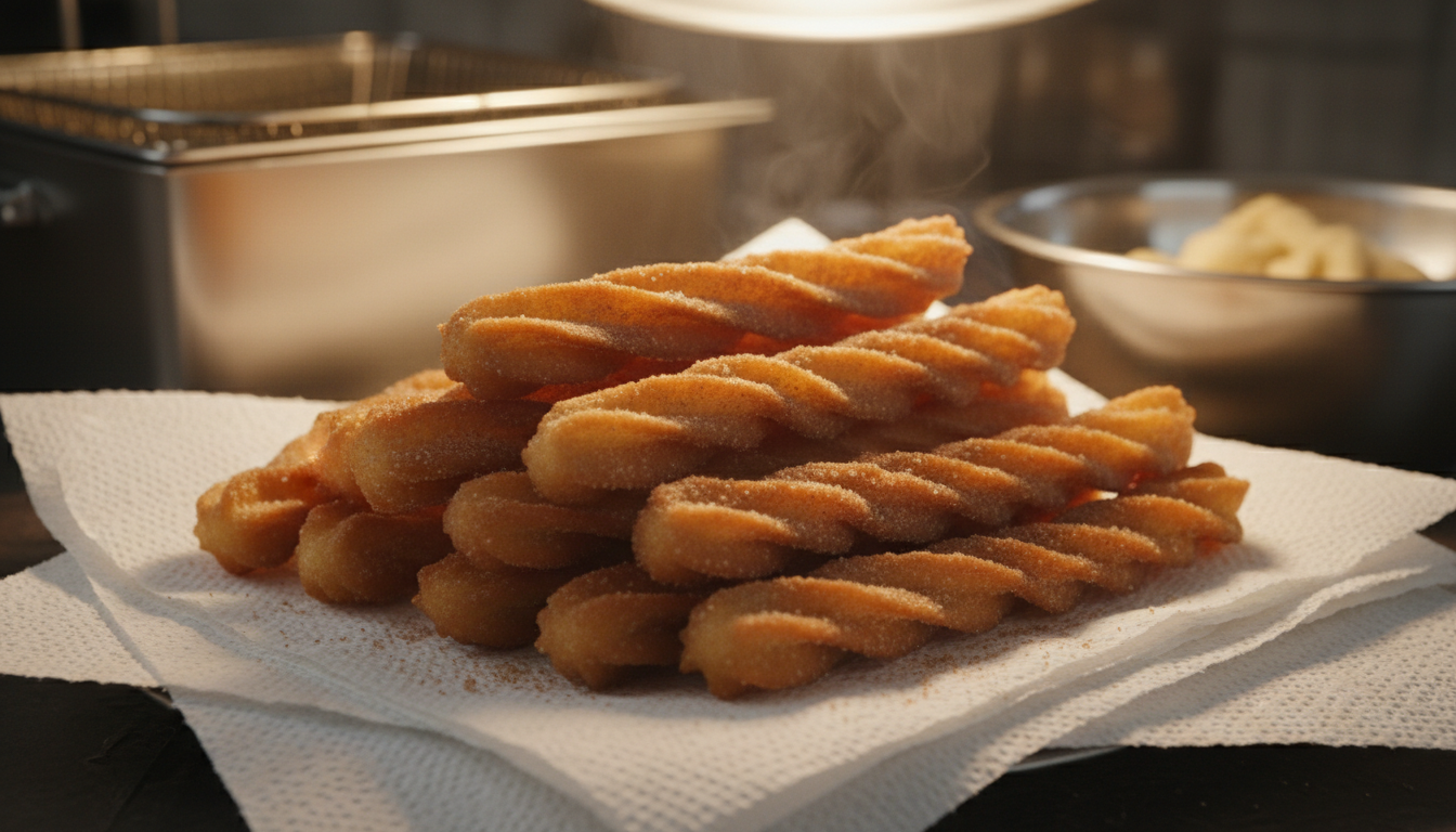 Freshly fried golden churros draining on paper towels, crisp