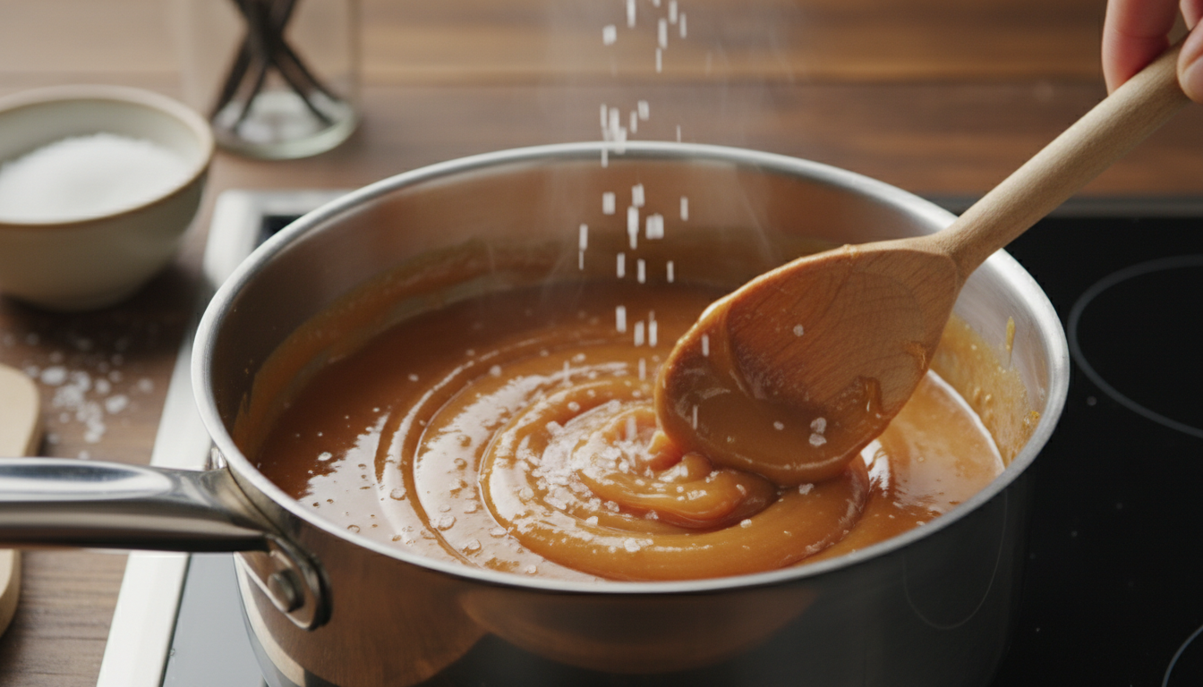 Homemade salted caramel sauce being stirred in heavy-bottom 