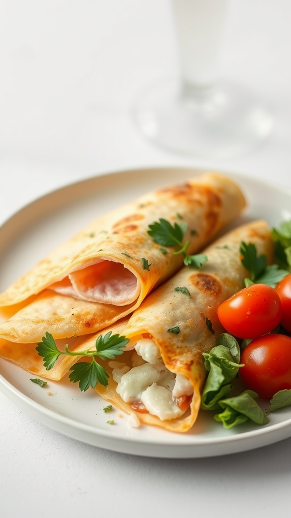 Plate of savory ham and cheese crepes garnished with parsley and cherry tomatoes