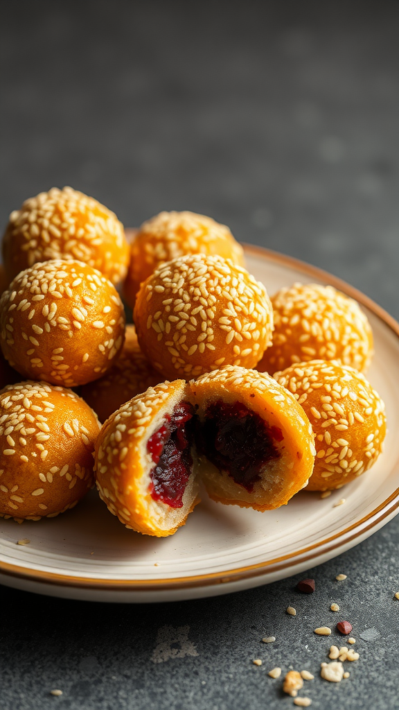 A plate of golden sesame balls filled with red bean paste, showcasing their crispy exterior and smooth filling.