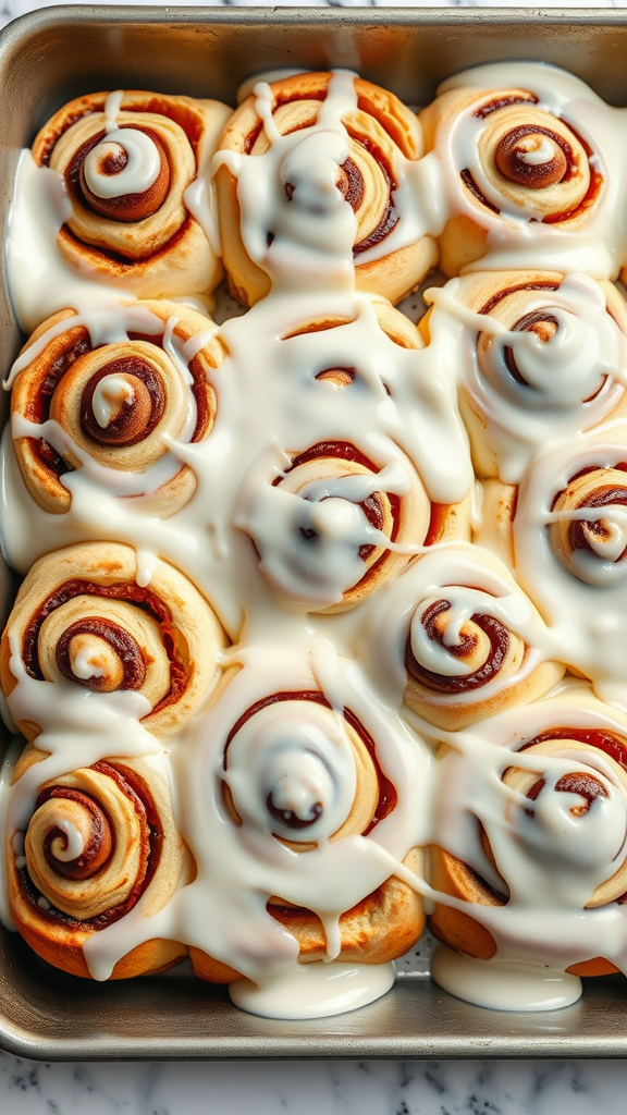 Sheet pan cinnamon rolls topped with cream cheese frosting.