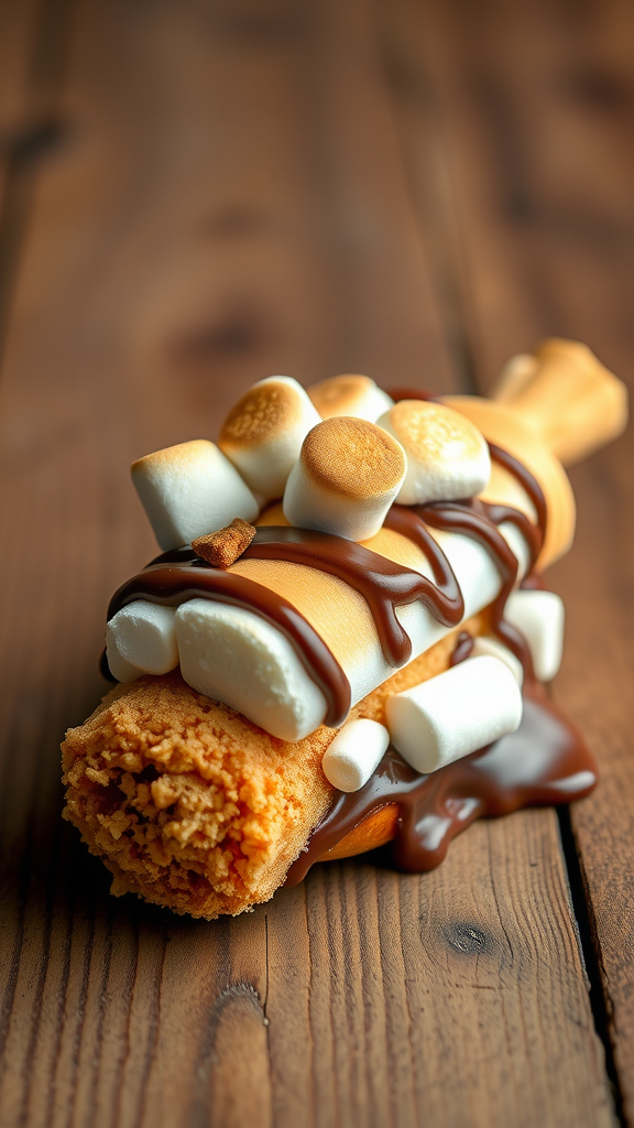 A S'mores churro topped with toasted marshmallows and chocolate sauce on a wooden table.